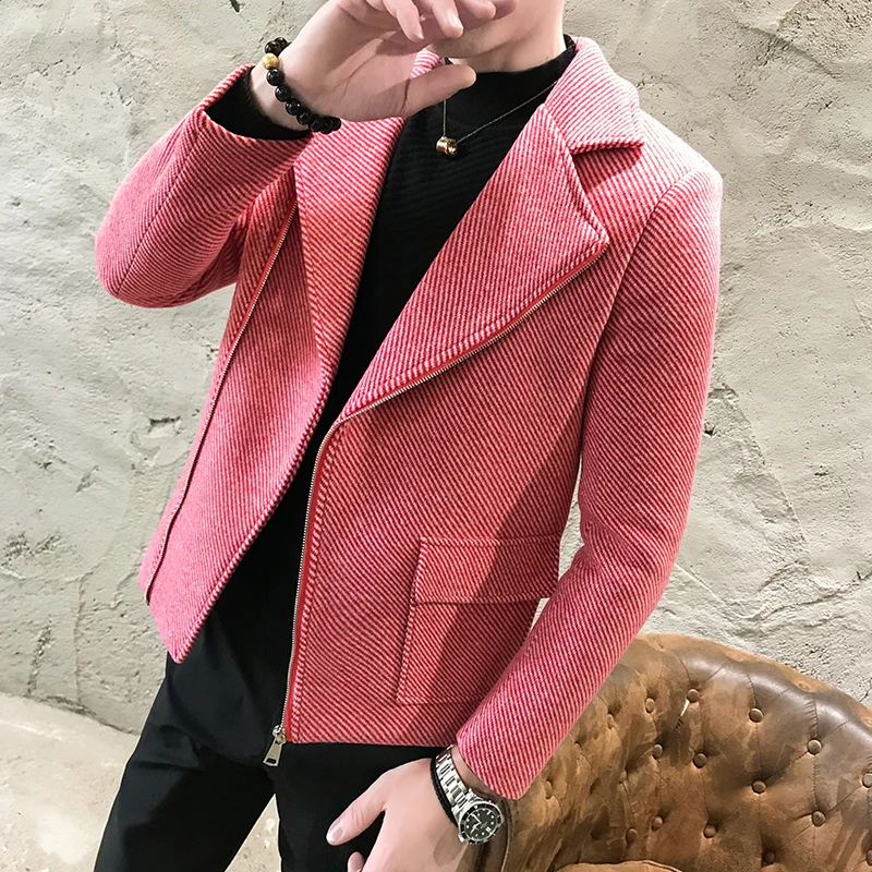 

New winter tide men's casual diagonal zipper wool coat men's fashion striped woolen coat men suit collar short casual slim coats