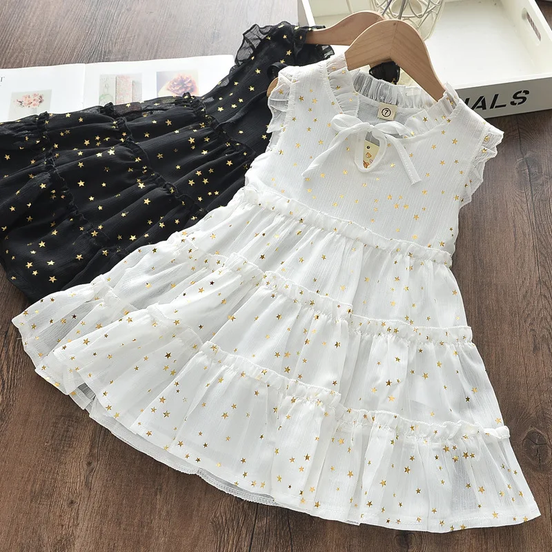 

New Summer Girl Mini V Neck Short Sleeve Cotton Ruffle Bow 2021 White Star Western Style Chao Fan Princess Dress TZ0013