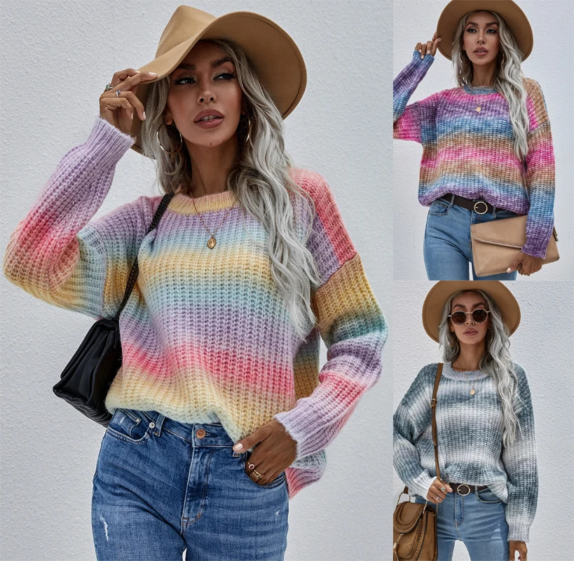 

Women Rainbow Sweater Sweet Tie Dye Pullover Fall Winter O-Neck Long Loose Striped 2021 Candy Color Female Top