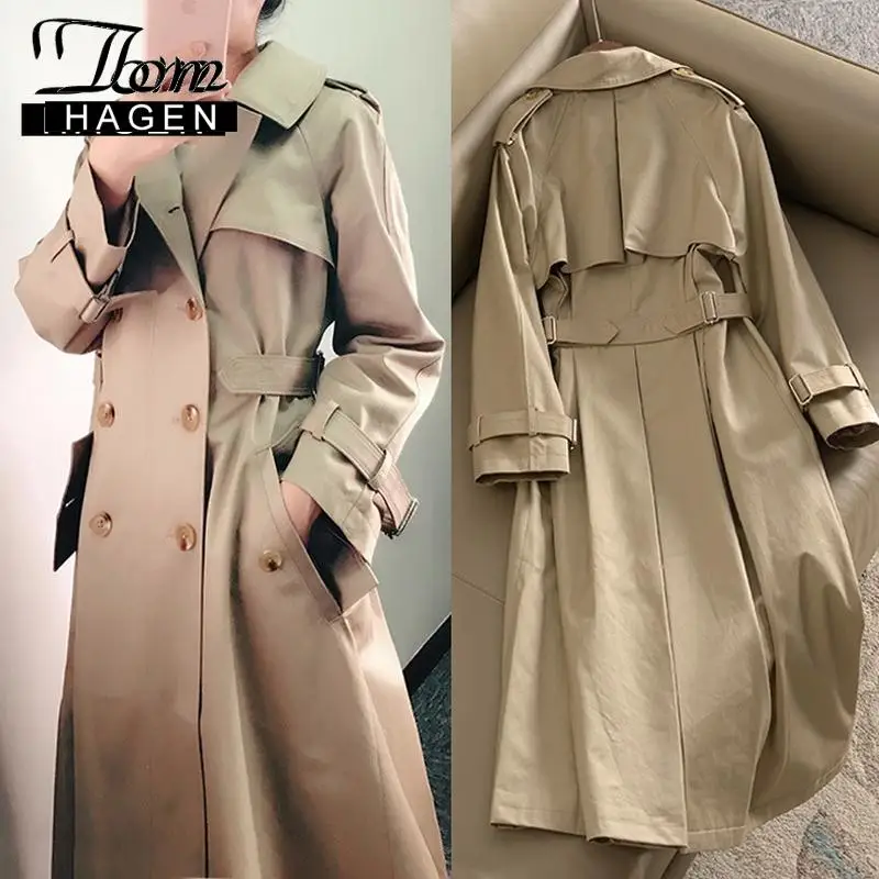 Том Хаген зимний длинный Тренч пальто для женщин Бежевый свободный Epaulet дизайн