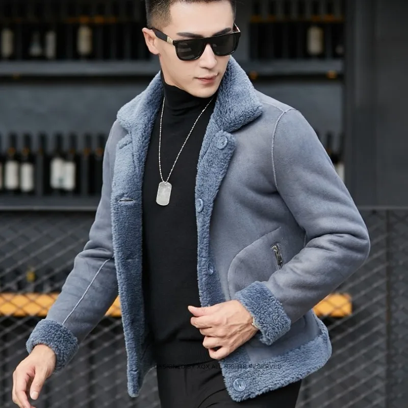 Winter Mens 100% Wool Shearling Jacket Warm Suede Leather 5XL Overcoat Single Breasted Short Real Lamb Fur Coat | Мужская одежда