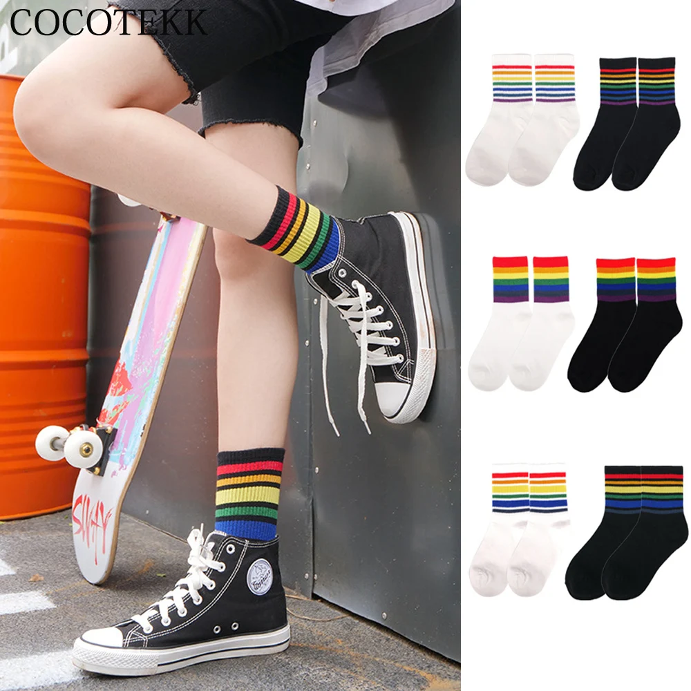

Women Socks Cotton Rainbow Striped Fashion Casual Hipster Cool Hosiery Breathable Classic Bright Student Short Ladies Tube Socks