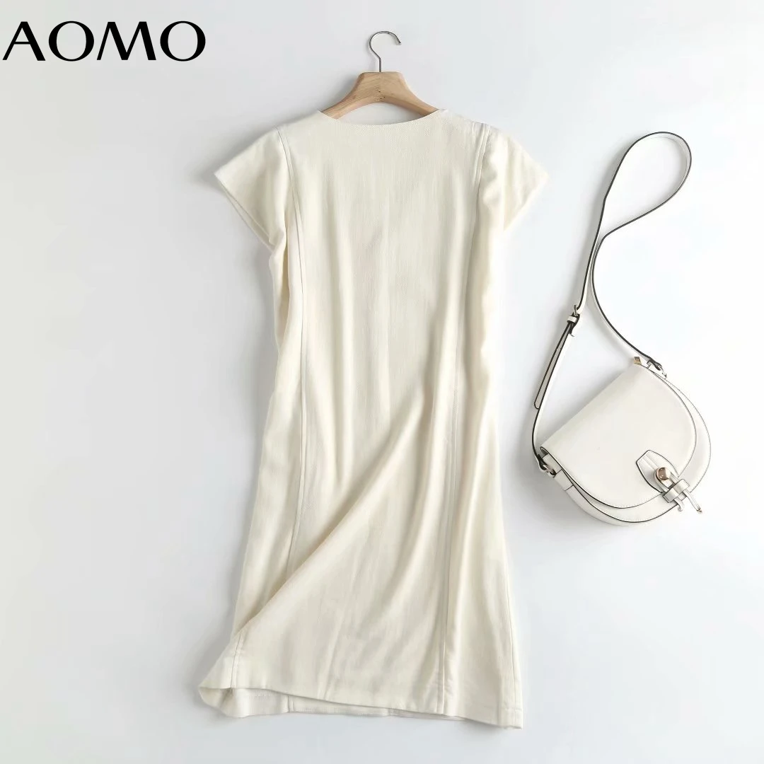 

AOMO 2021 Summer Women French Style V Neck Cotton Linen Dress Short Sleeve Ladies Midi Dress Vestidos 4C92A