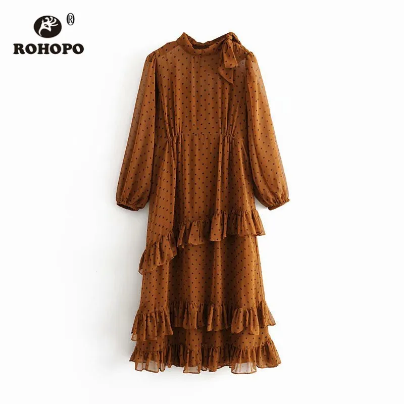 ROHOPO Bow Round Collar Long Sleeve Black Polk Dot Cascading Ruffled Yellow Midi Dress Tops Draped Pleated Hem Vestido #2356 | Женская