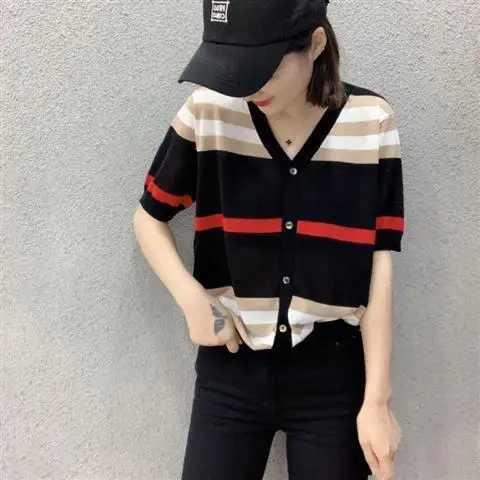 

Spring and summer new ice silk knitted cardigan thin short sleeve women's sunscreen top V-neck stripe shawl coat