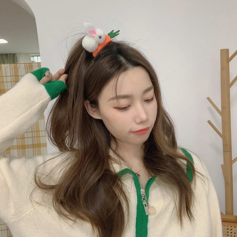 

Cute Animals Hair Clips Fur Pom Rabbit Hairpins 3D Plush Furry Rabbit Ear Carrot Clips Handmade Hair Accessories Sweet Headwear