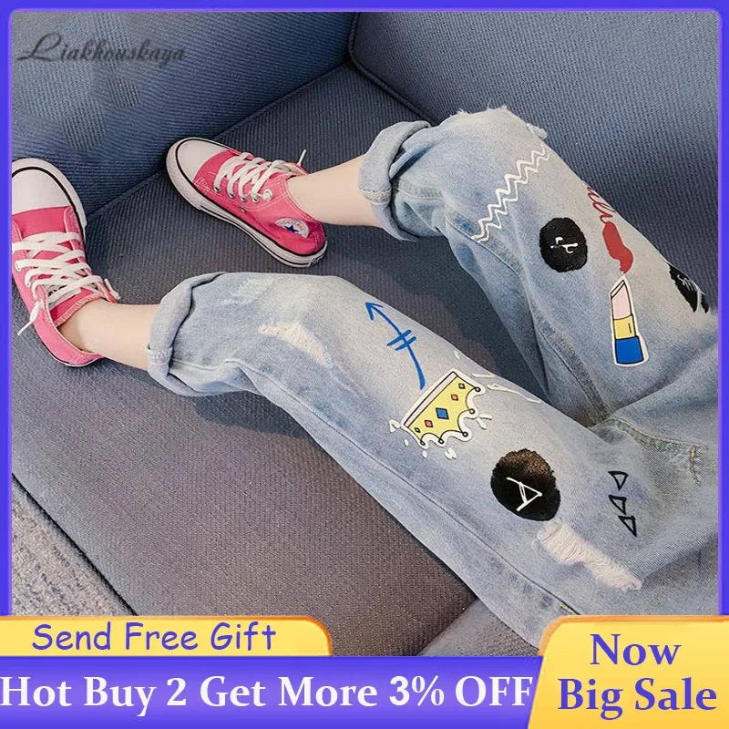 Джинсы для девочек 2020 модные джинсы с мультяшным принтом повседневные рваные