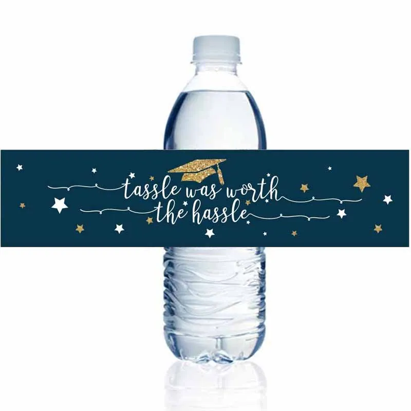 15pcs Navy Blue and Gold Glittering Graduation Water Bottle Labels