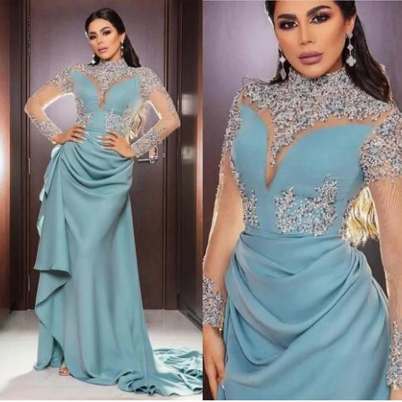 

SoDigne Arabic Long sleeve Evening Dresses 2021 Beaded Lace Applique Muslim high neck Prom Dress Party Gowns robe de soiree