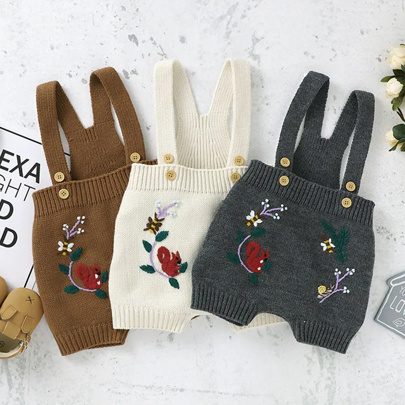 

Autumn Winter Infant Baby Retro Embroider Romper Newborn Baby Boy Girl Braces Clothes Rompers Baby Boys Girls Knitted Rompers