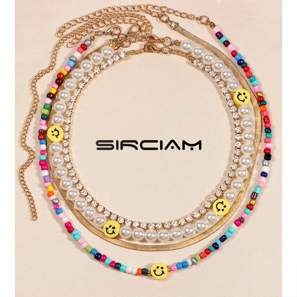 

Layered Rainbow Imitation Pearls Smiley Beaded Choker Necklace For Women Seed Bead Shiny Crystal Necklaces Snake Chain Wholesale