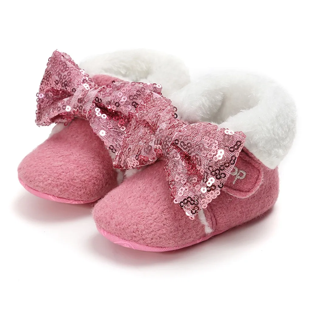 Теплые зимние ботинки с блестками и бантом для маленьких девочек; bootie shoes; Детский костюм; высокое качество