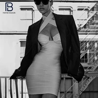 pb stylish high waist cross halter mini dress sexy sleeveless celebrity party club bandage vestido free shipping