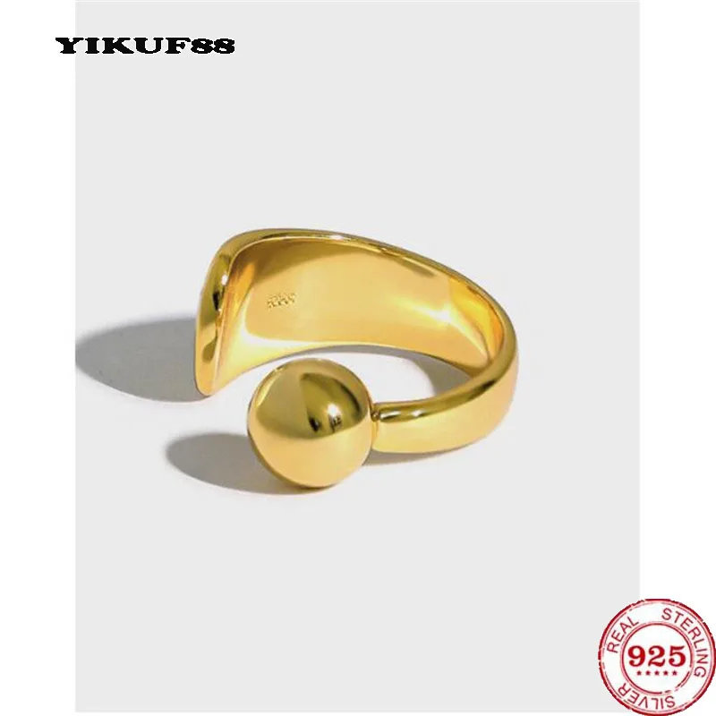 

YIKUF88 2021 NEW S925 Sterling Silver Women Ring Round Pearl Glossy Open Ring Female Wild Silver Ring