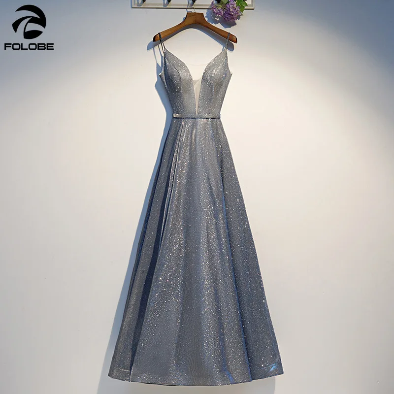 FOLOBE 2020 блестящие Длинные Серые Вечерние платья на тонких бретельках со шнуровкой