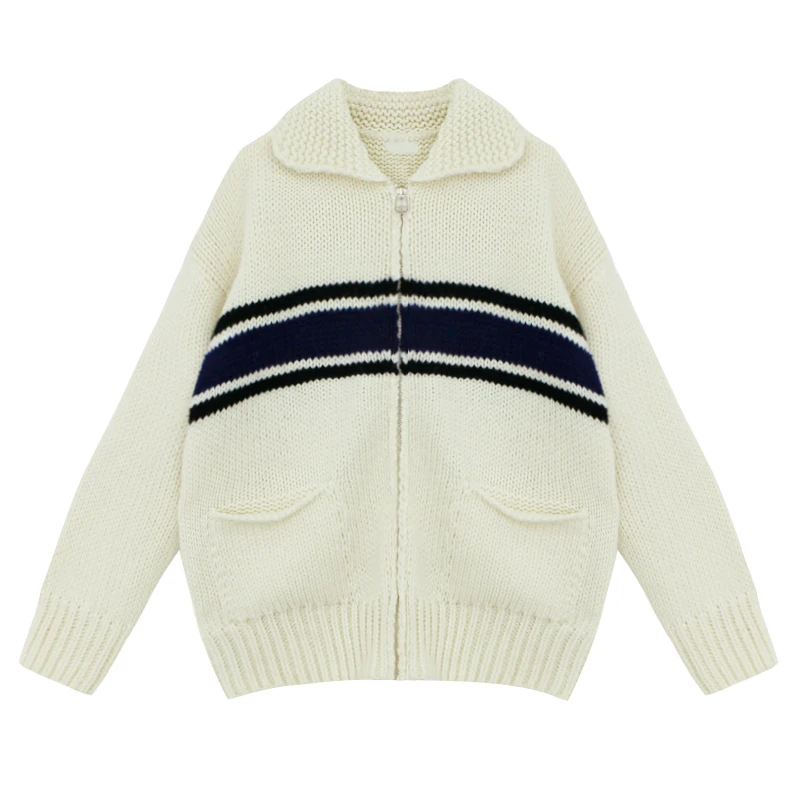 

2020 autumn and winter korean style turn down collar stripe zipper thick knittd cardigans womens sweaters womens(C8540)