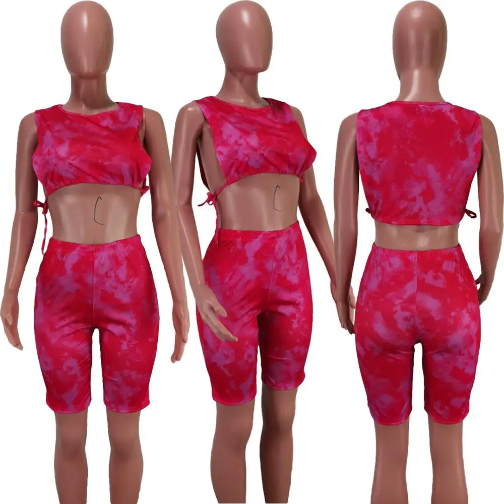 

New fashion printed casual sports suit sexy slim fit o-neck sleeveless vest and shorts women's two-piece set