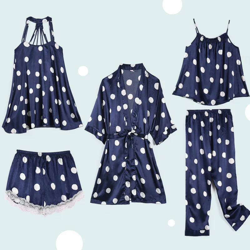 

Autumn New Women Pajamas Polka Dot Print 5 Pcs Suit Sexy Fashion Pyjamas