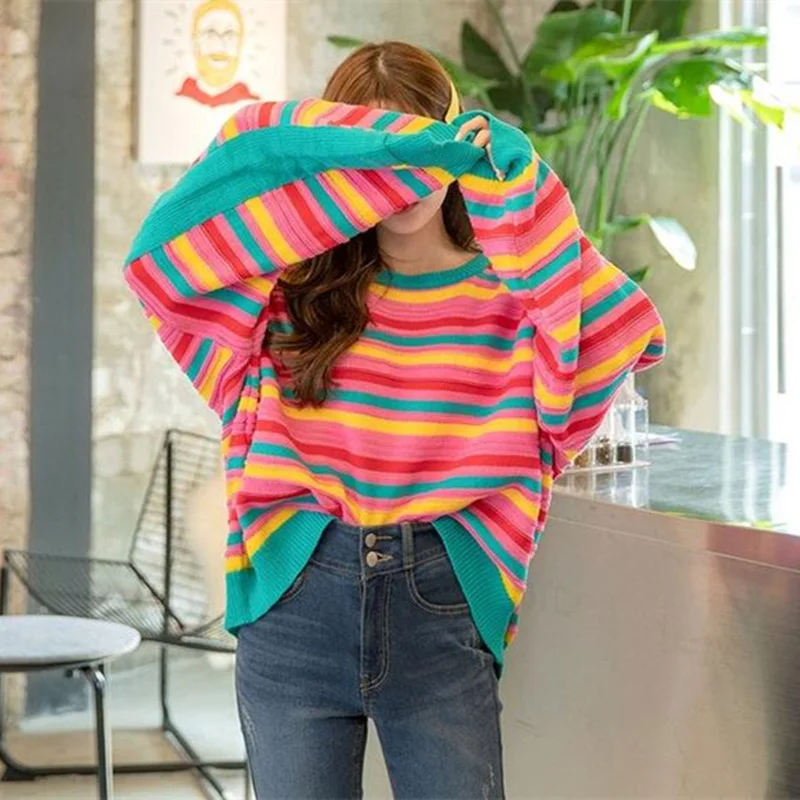 KINOMI Autumn Winter Rainbow Striped Women's Sweaters Bat Sleeve O-Neck Fashionable Korean Style Knitting Casual Tops 2019 New | Женская
