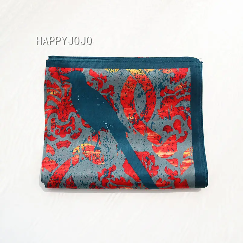 

Hangzhou luxury natural silk printed long blue scarf for women with bird picture 100% real silk wrap shawl bandana gift for lady