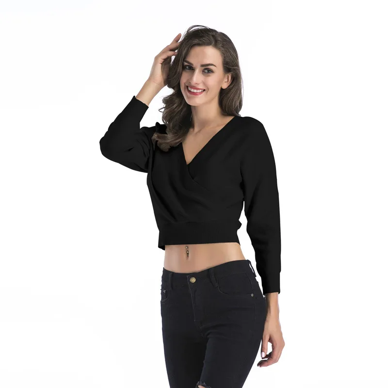 

Sexy Batwing Sleeve V Neck Knitted Crop Tops Female Sweater Loose Pull Jumpers Slim Autumn Women Pullover White Black 4 Colors