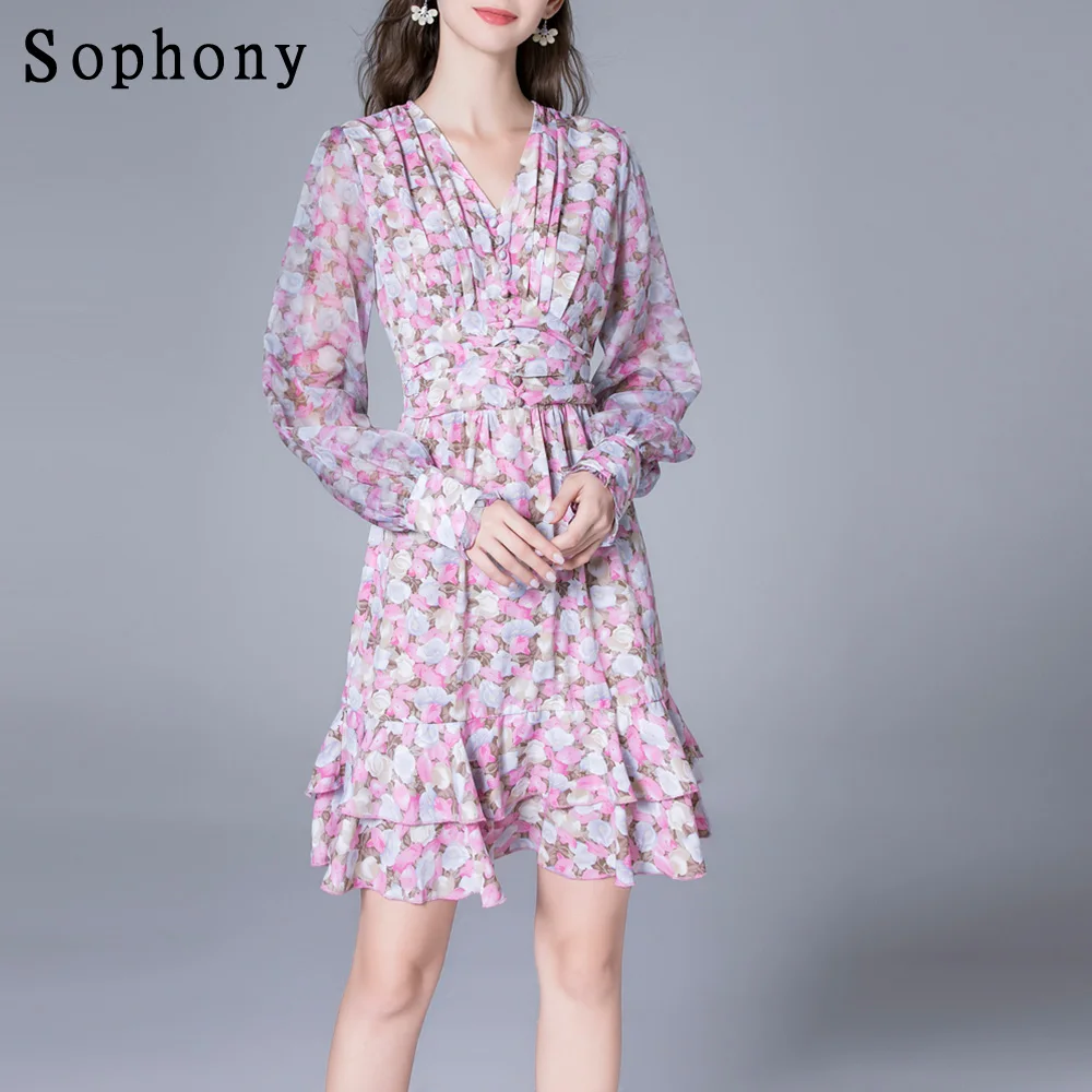 

Fashion Women Long Lantern Sleeve V Neck Buttons Flower Print Layer Ruffles Beach Vestidos Pink Purple Floral Dress 9033