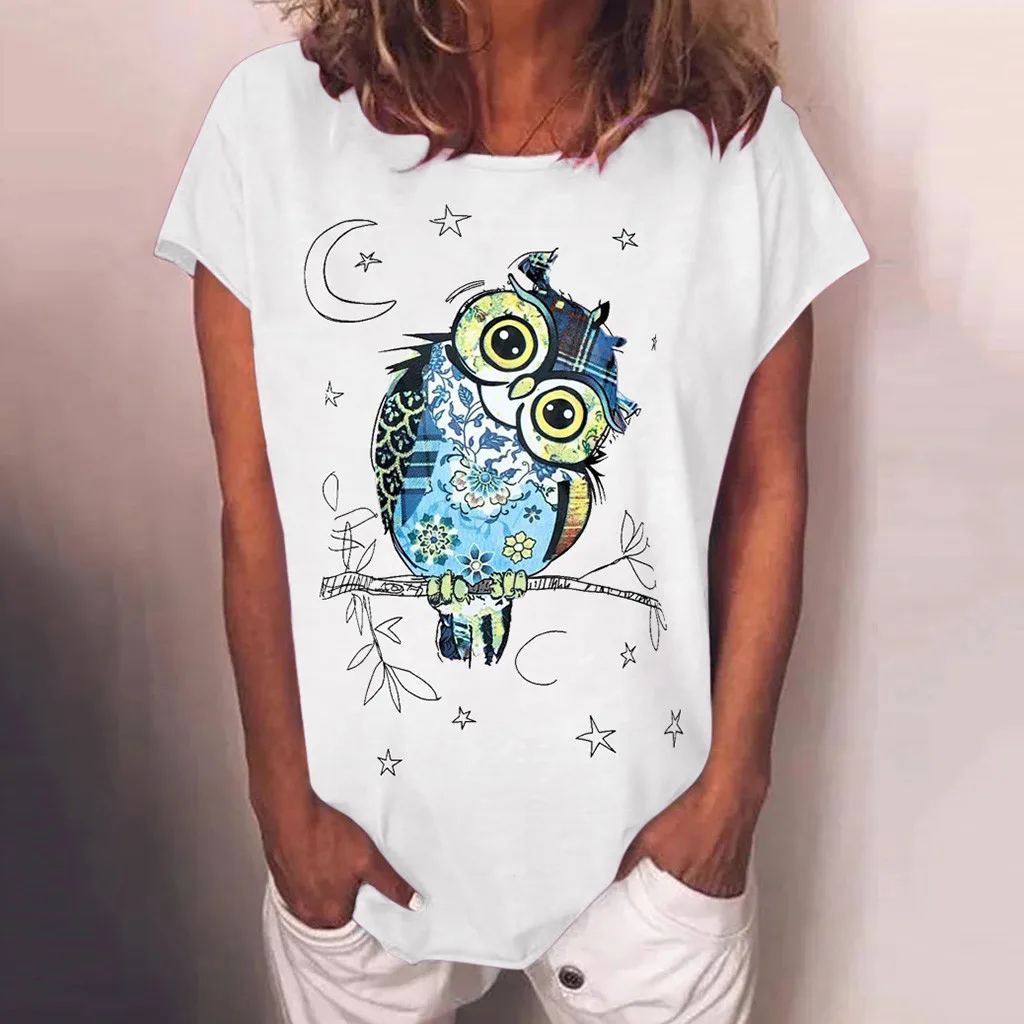 

Cute Crooked Owl Digital Printed Women T-shirt 2021 Summer Casual Fashion Patchwork Stretch Loose Shirt Ladies Clothes Irregular