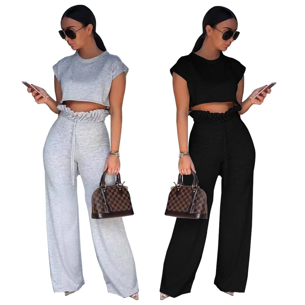 

Women's Casual Two-piece Set Solid Color O-Neck Short Sleeve Short T-shirts + High Waist Lace Up Loose Pants Autumn Outfits