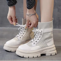 autumn women ankle sock boots thick platform wedge heel round toe stretch fabric leather patchwork round toe cool ladies shoes