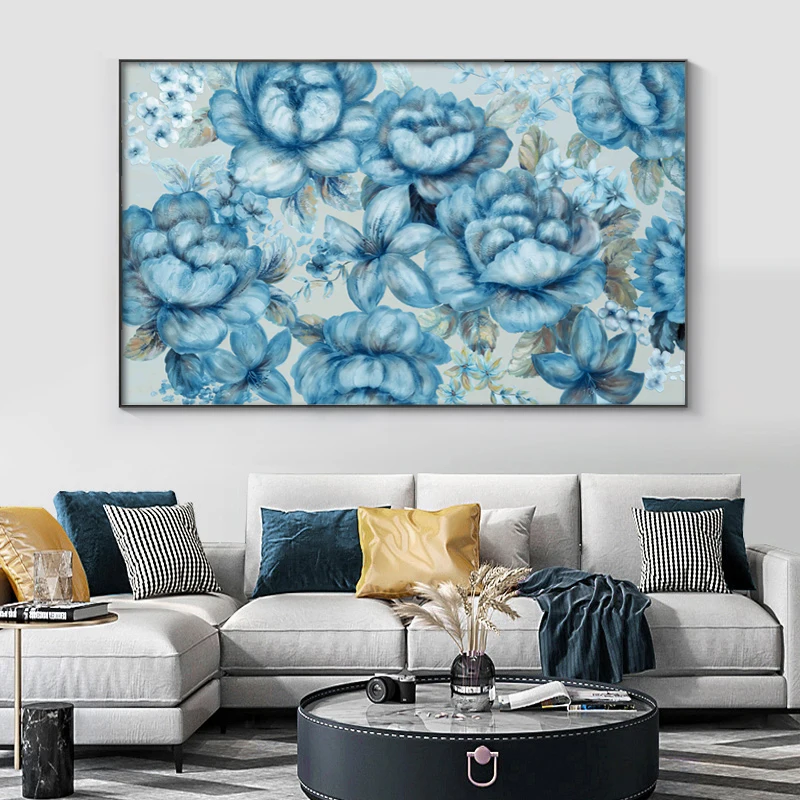 

Blue Flower Modern Decoration Painting Vintage Blooming Flowers Canvas Wall Art Poster Print Picture Home Decor For Living Room