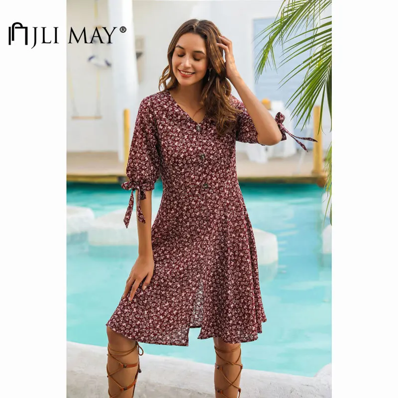 

JLI MAY Women Dress Cotton Vintage Print V-Neck Half Sleeve Bow Bandage Empire A-Line Slim Slit Summer Midi Dresses