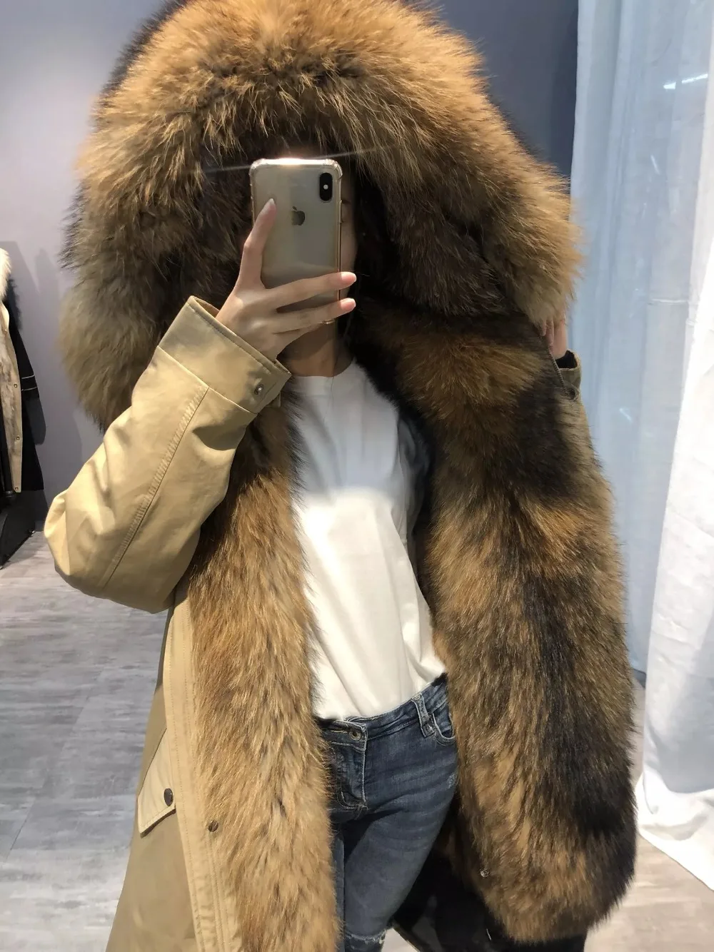 2019натуральный мех пальто супер большой енот меховой капюшон, воротник зимняя куртка женская парка натуральный мех норки Подкладка Толстая теплая съемная