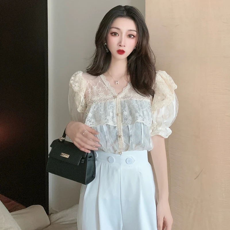 

Korean Elegant Ruffled V-neck Women's Lace Shirt Bubble Sleeve Lace Splicing French Shirt Woman See Through Sexy Blouse 14435