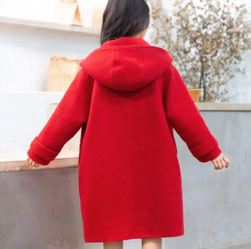 

Girls Red Woolen Winter Wool Coat Kids Hooded Blends Coats Horn button Woolen Outerwear