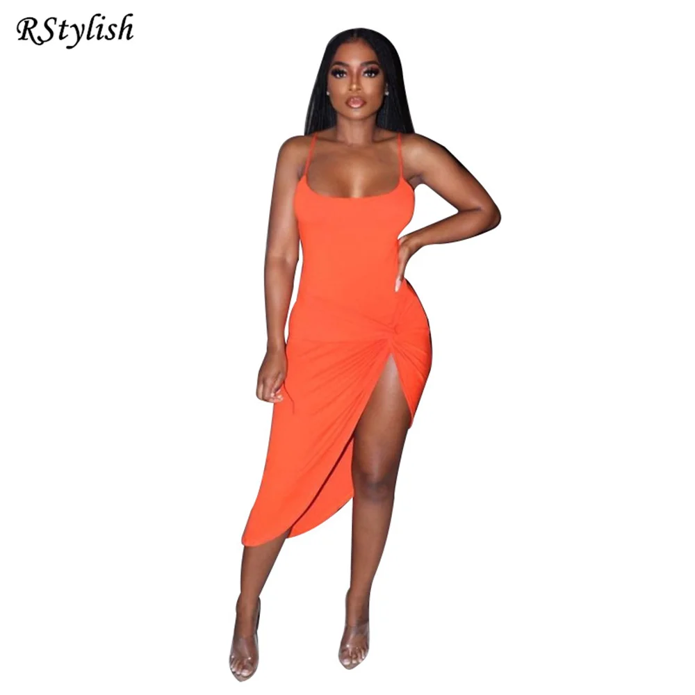

RStylish New 2021 Summer Spaghetti Strap Midi Dresses Simple Irregular High Waist Skinny Dress For Women Sexy Party Outfits Wear