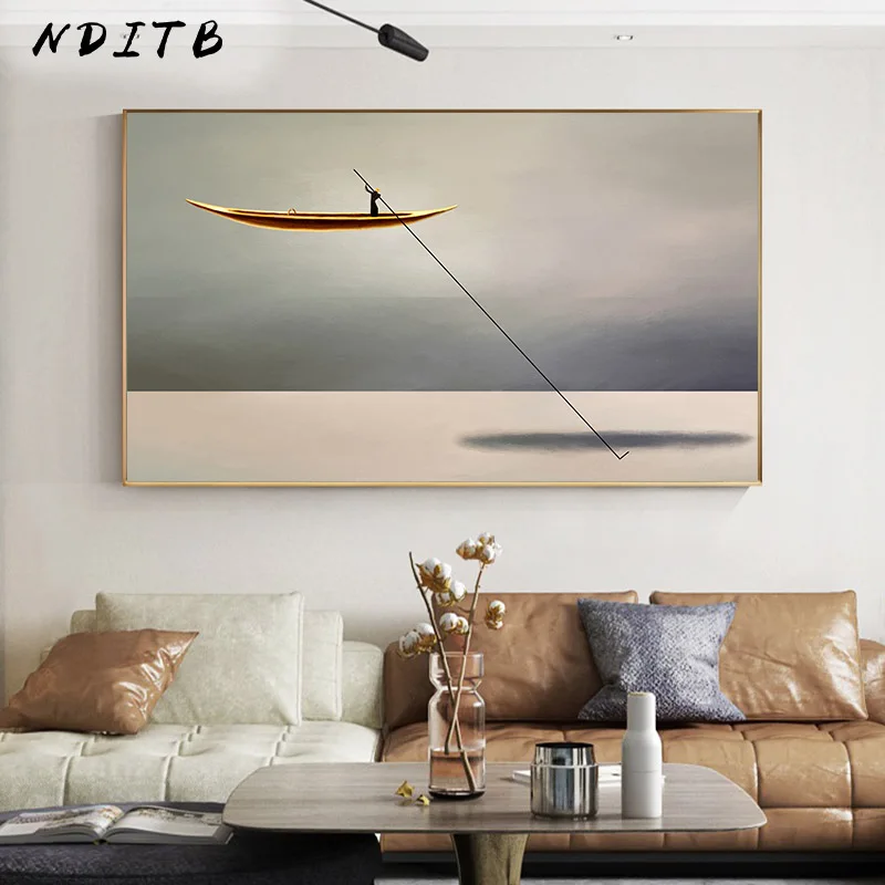 Абстрактная картина с изображением морской Золотой лодки винтажный постер в