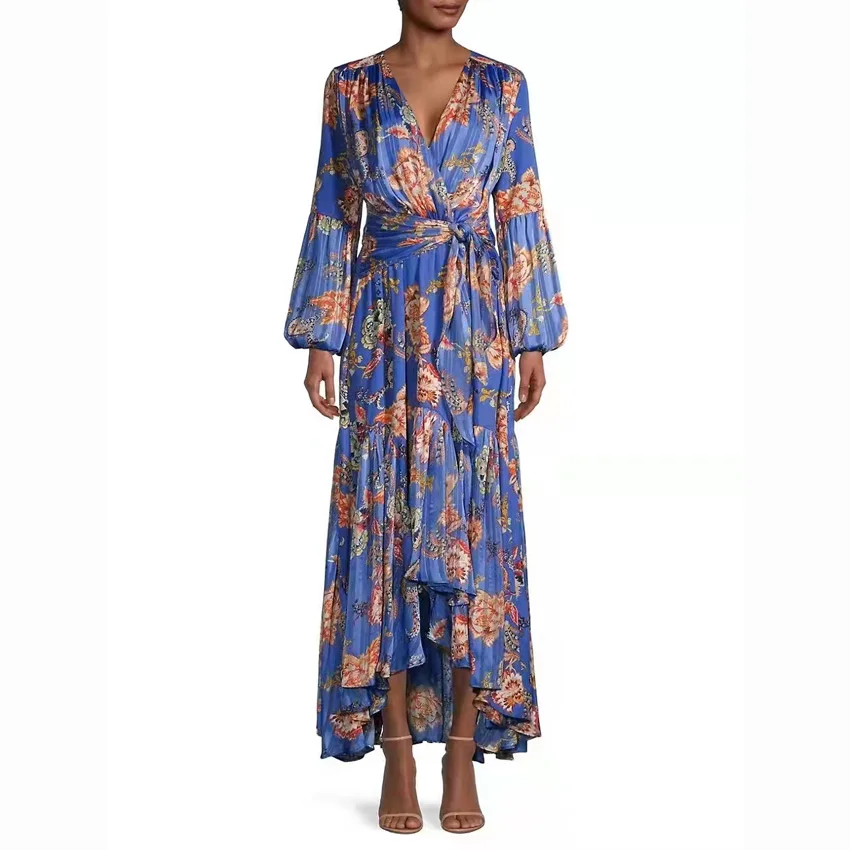 

2022 High Quality Women V-neck Long Sleeve Spring Print Bo Style Long Dress