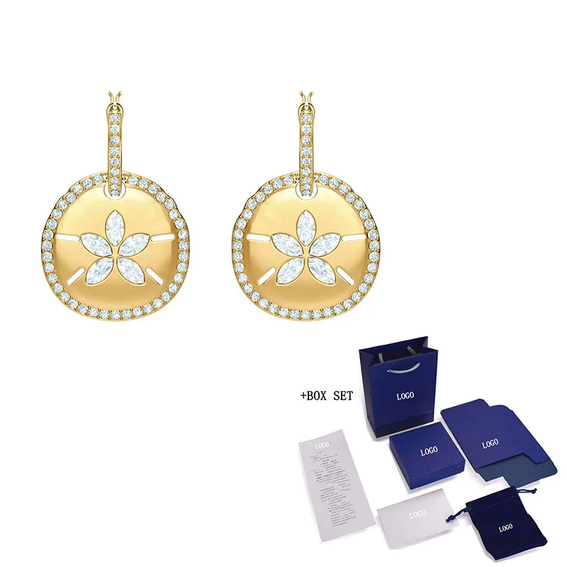 

2020SWA New OCEAN Gold Coin Pierced Earrings Gold Flowers Round Decoration Crystal Earrings Female Fashion Jewelry Romantic Gift