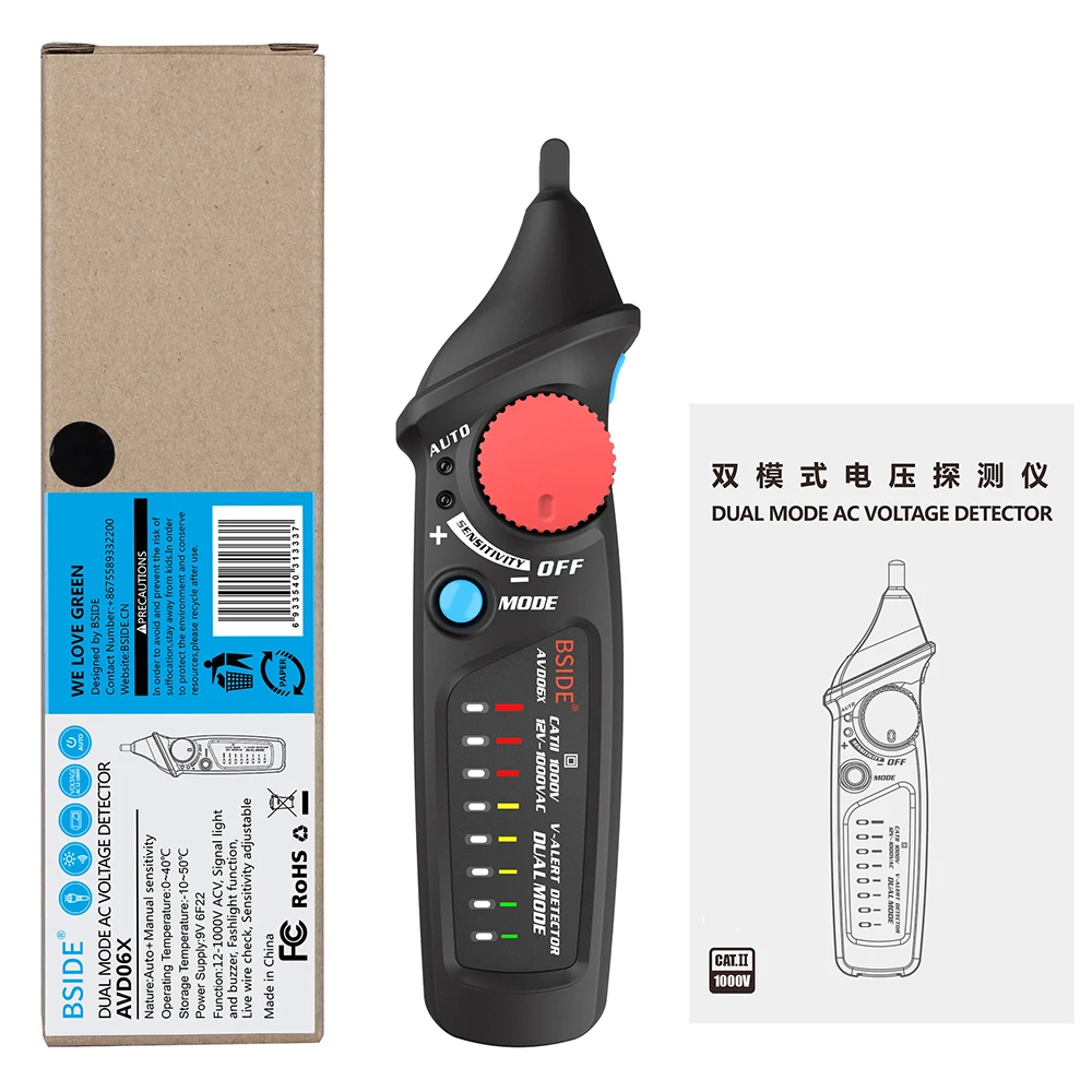 

BSIDE Non-Contact Voltage Detector Pen Dual Mode AC 12-1000V Auto/Manual NCV Tester Live Wire Check Sensitivity Adjustable