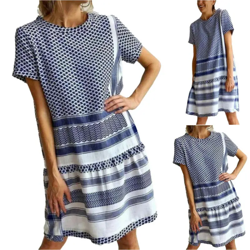 

Womens Printed Short Sleeve Dress Fashion Summer 2021 Daily Wear Round Neck Casual Evening Party Loose Dresses for Female