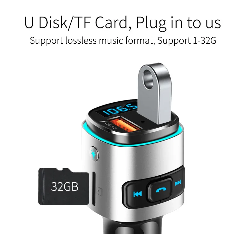 Bc41 Nordic Style Car Mounted Card Instert MP3 Player Multi-functional Bluetooth Receiver USB Drive Charger Car Cigarette Lighte