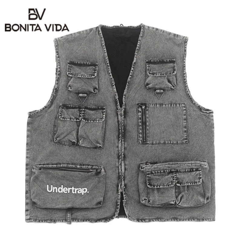 

Bonita Vida Waistcoat Distressed Denim Vest Coats Jackets Men Tactical Combat Utility Multi Zipper Pockets Sleeveless Vest