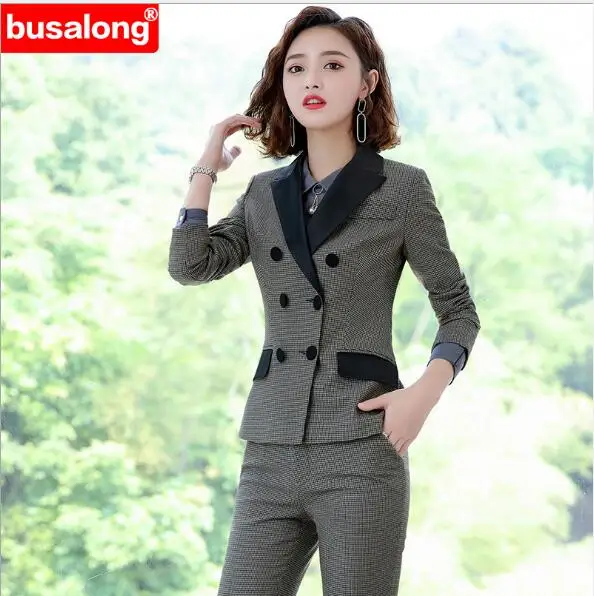 Женский костюм-Униформа в клетку двубортный топ с длинным рукавом и брюки |