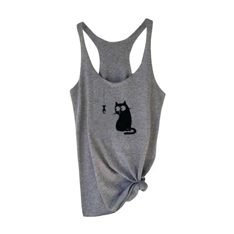 

Women Sexy Round Collar Sleeveless T-shirt Cat Print Vest T-shirt Tank Top Slim Fit Casual Vest Summer Tee