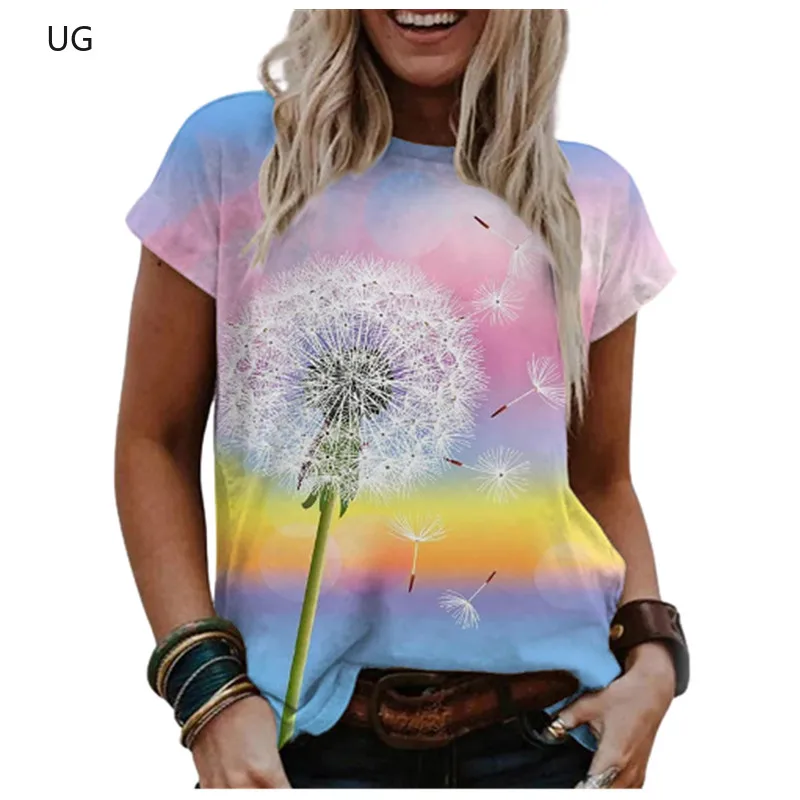 

Watercolor Painting Rainbow Women T Shirt 2021 New Summer Dandelion Tee Shirts Casula Short Sleeve O-Neck Cotton Tops Plus Size