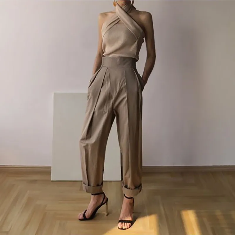 Однотонный сексуальный женский свитер без рукавов с бретельками на шее