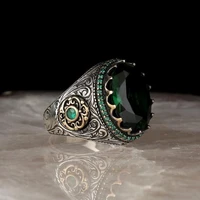2022 fashion handmade men rings retro islamic jewelry vintage ancient silver color green rhinestones zircon stone rings for men