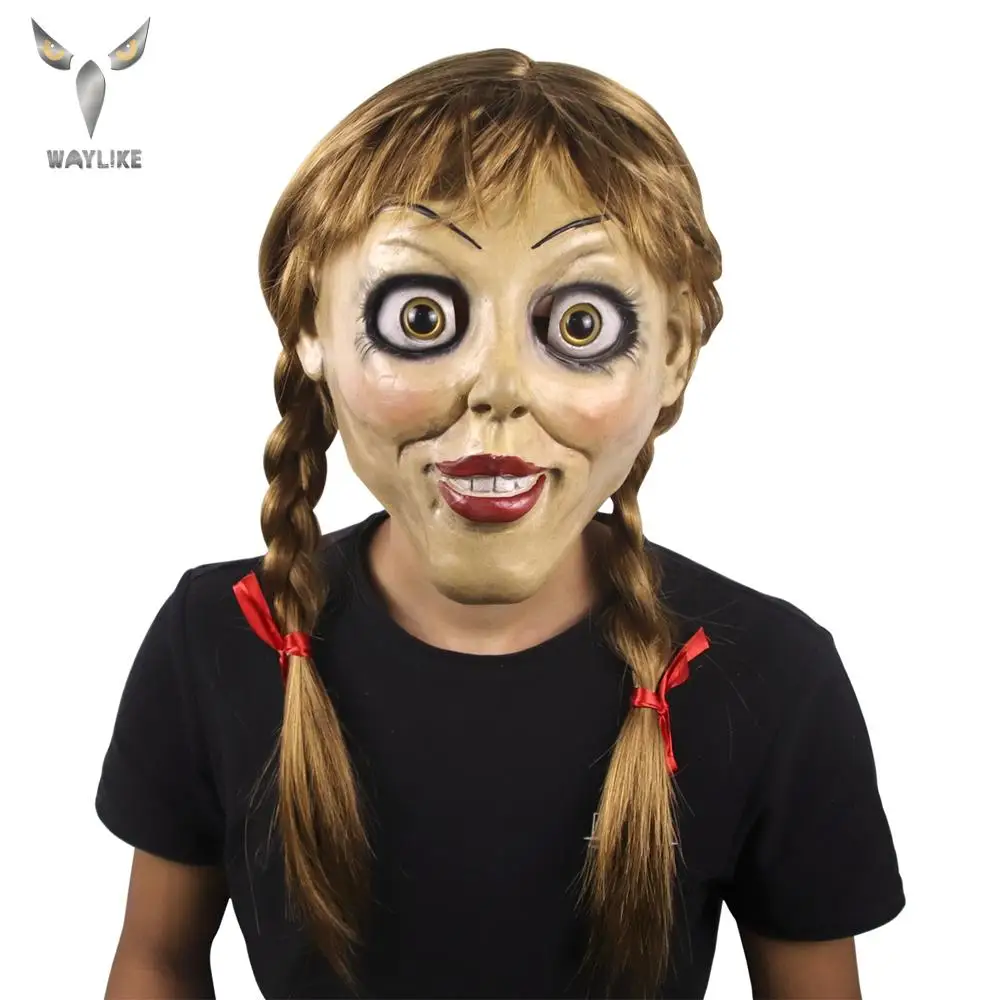 

WAYLIKE Halloween Annabelle Cosplay Mask Latex Cosplay Annabel Doll Scary Movie Adult Full Head Latex Wigs Ponytails Party Mask