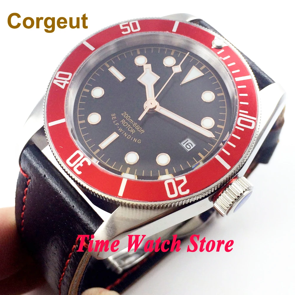 Часы мужские черные стерильные 41 мм с красной вставкой и сапфировым стеклом|watch