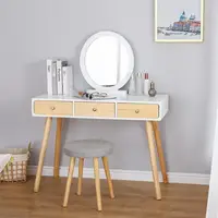 Three-drawers White+log Color Modern Style Dressing Table 100cm Multi-purpose Cosmetic Bedside Table Office Desk With Stool HWC
